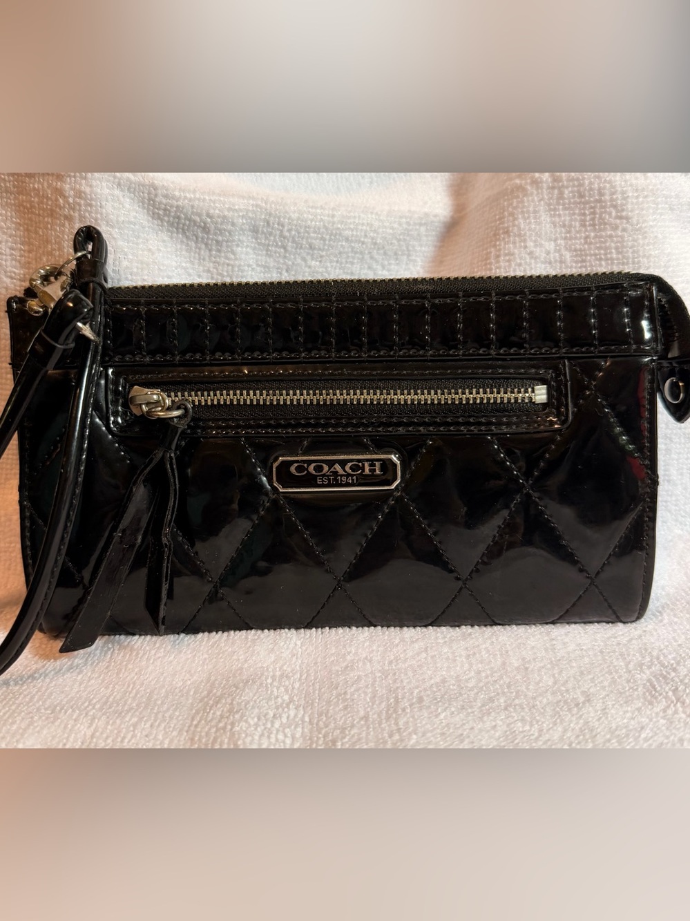 Coach Black Quilted Patent Leather Wristlet Clutch